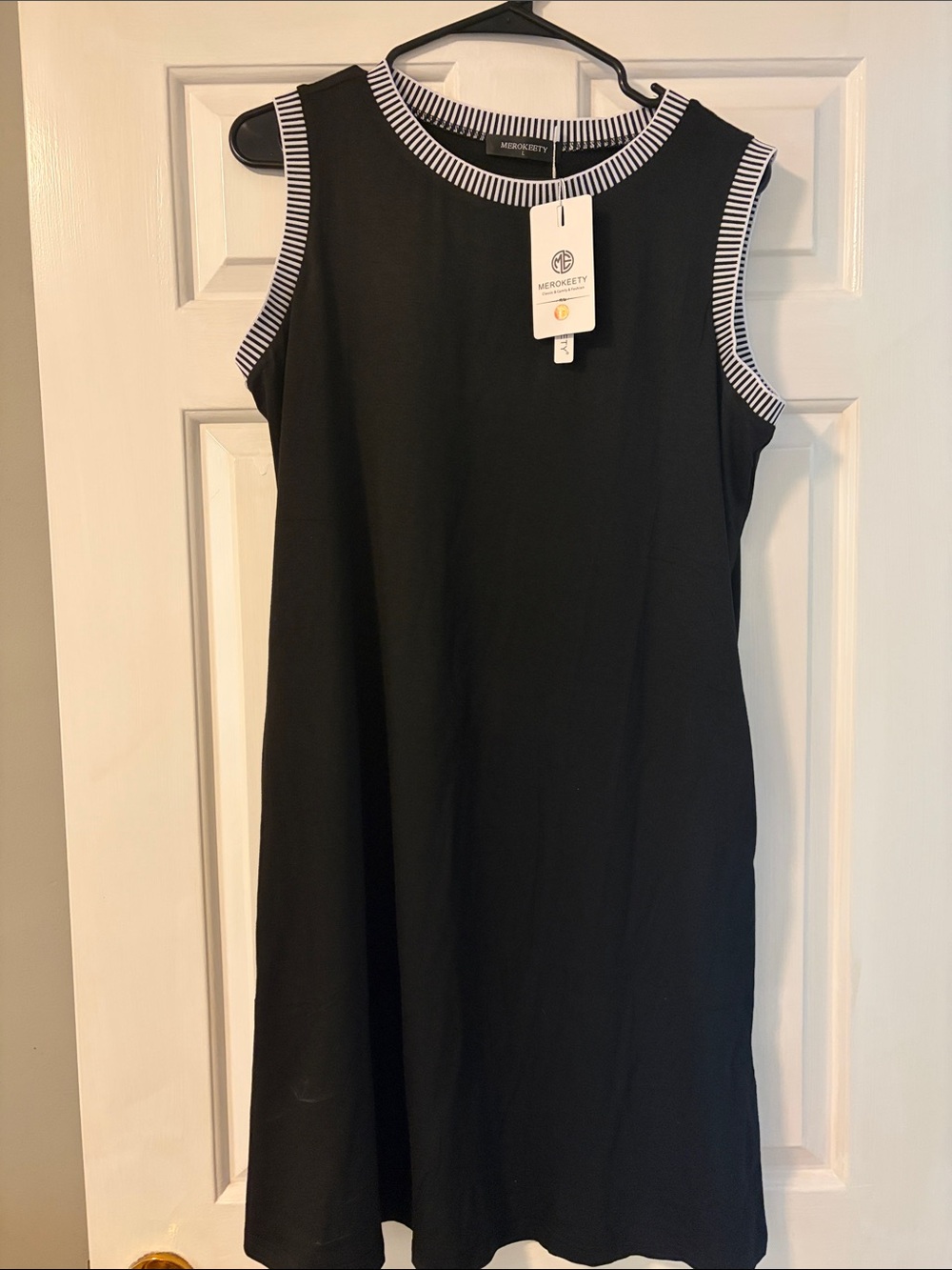 Black Sleeveless Shift Dress with Striped Trim